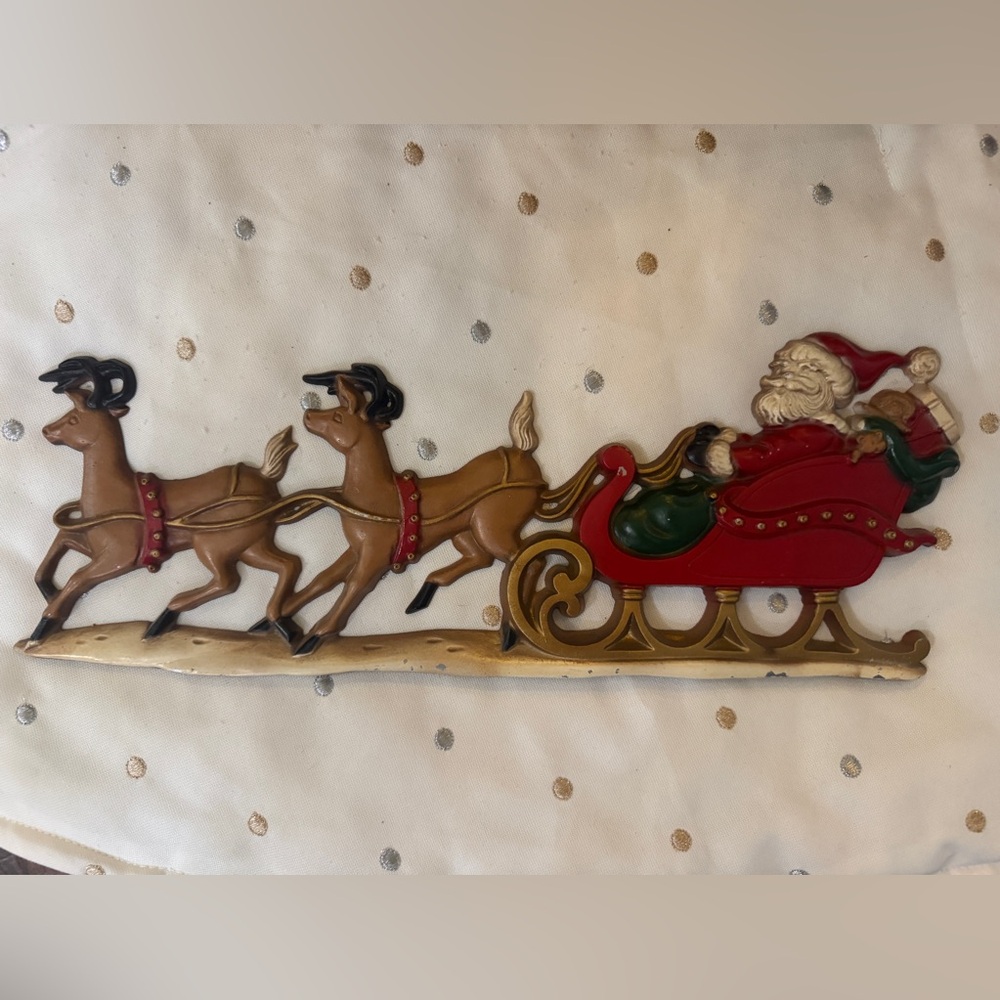 Vintage Santa Sleigh Reindeer Metal Wall Hanging 16" long Christmas Sexton USA